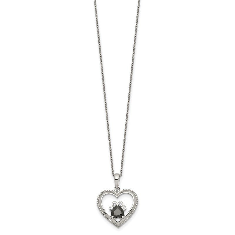 Sterling Silver Black And White CZ Heart With Paw Print Necklace