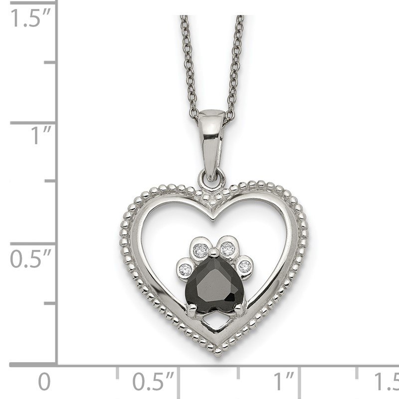 Sterling Silver Black And White CZ Heart With Paw Print Necklace