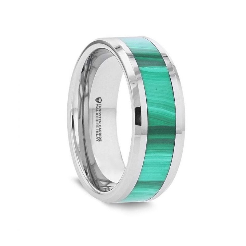 Thorsten MAHI Malachite Inlay Tungsten Carbide Ring with Polished Beveled Edges - 8mm Thorsten MAHI Malachite Inlay Tungsten Carbide Ring with Polished Beveled Edges - 8mm