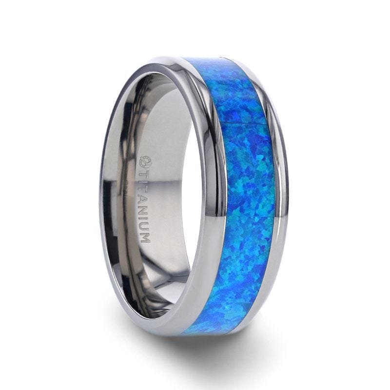 Thorsten GALAXY Titanium Polished Beveled Edge with Blue Green Opal Inlay Ring- 8 mm Thorsten GALAXY Titanium Polished Beveled Edge with Blue Green Opal Inlay Ring- 8 mm