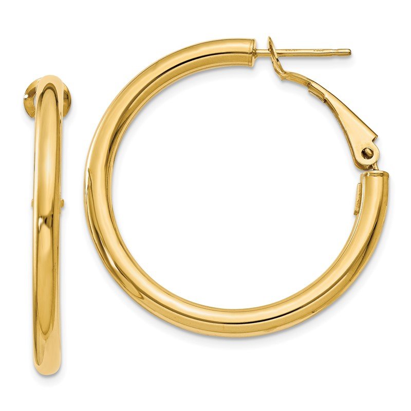 Quality Gold 14k 3x25mm Polished Round Omega Back Hoop Earrings PRE222 Corbo Jewelers