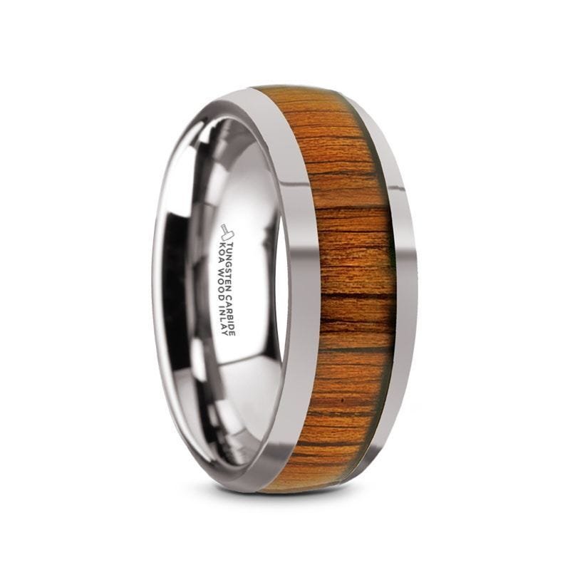 Thorsten KAMEHA Tungsten Domed Profile Polished Finish Men’s Wedding Ring with Koa Wood Inlay - 8mm Thorsten KAMEHA Tungsten Domed Profile Polished Finish Men’s Wedding Ring with Koa Wood Inlay - 8mm