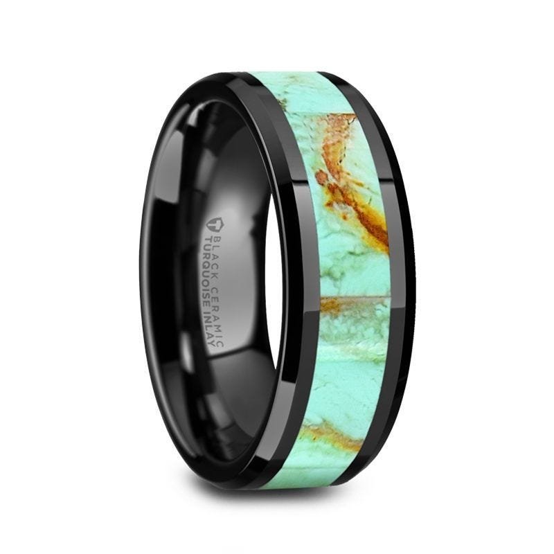 Thorsten PIETRO Polished Black Ceramic Wedding Band with Light Blue Turquoise Stone Inlay & Polished Beveled Edges - 8mm Thorsten PIETRO Polished Black Ceramic Wedding Band with Light Blue Turquoise Stone Inlay & Polished Beveled Edges - 8mm