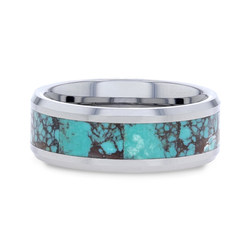 Thorsten TURKIS Turquoise Spider Web Inlay Tungsten Carbide ring with Beveled Polished Edges - 8mm Thorsten TURKIS Turquoise Spider Web Inlay Tungsten Carbide ring with Beveled Polished Edges - 8mm