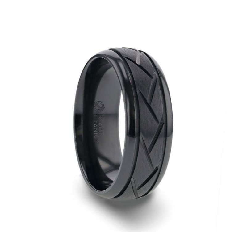 Thorsten JAX Black Titanium Ring with Brushed Cross Alternating Diagonal Cuts Pattern - 8mm Thorsten JAX Black Titanium Ring with Brushed Cross Alternating Diagonal Cuts Pattern - 8mm