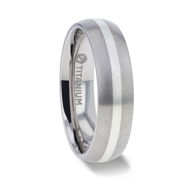 Thorsten REN Sterling Silver Inlay Titanium Wedding Band with Domed Brushed finished Edges - 6mm & 8mm Thorsten REN Sterling Silver Inlay Titanium Wedding Band with Domed Brushed finished Edges - 6mm & 8mm