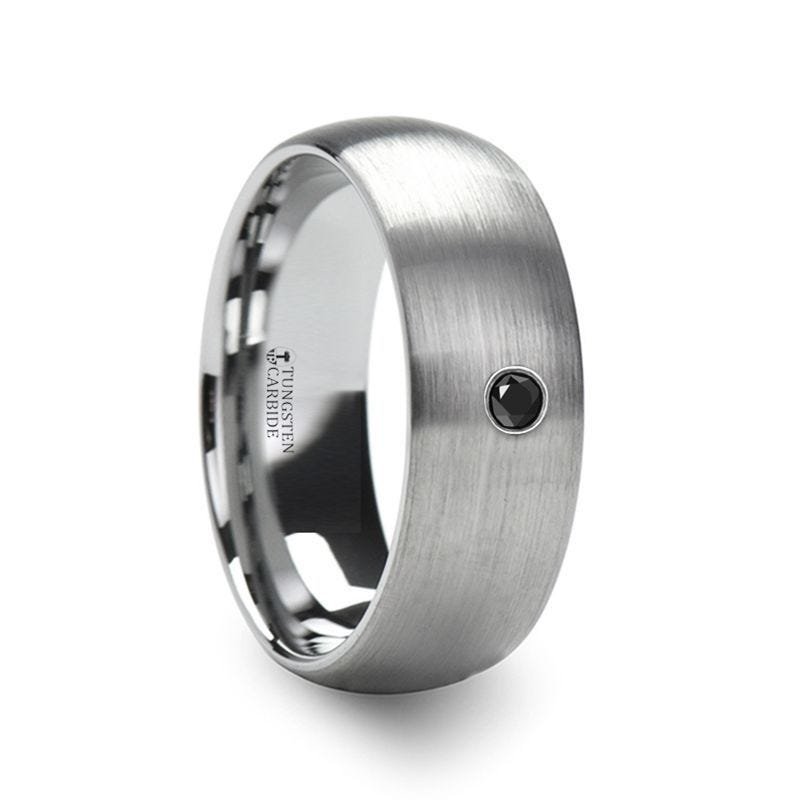 Thorsten PERSEID Tungsten Carbide Brushed Finish Domed Ring with Black Diamond - 6mm & 8mm Thorsten PERSEID Tungsten Carbide Brushed Finish Domed Ring with Black Diamond - 6mm & 8mm