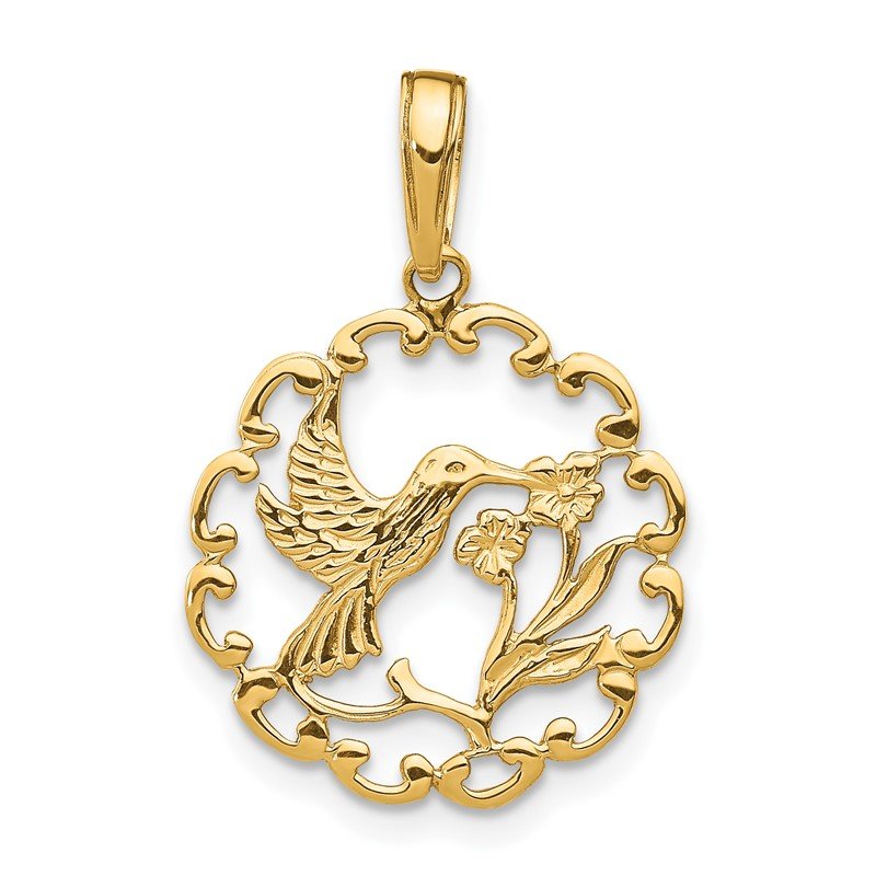 14k Gold Textured Flower Frame Hummingbird Pendant 14k Gold Textured Flower Frame Hummingbird Pendant