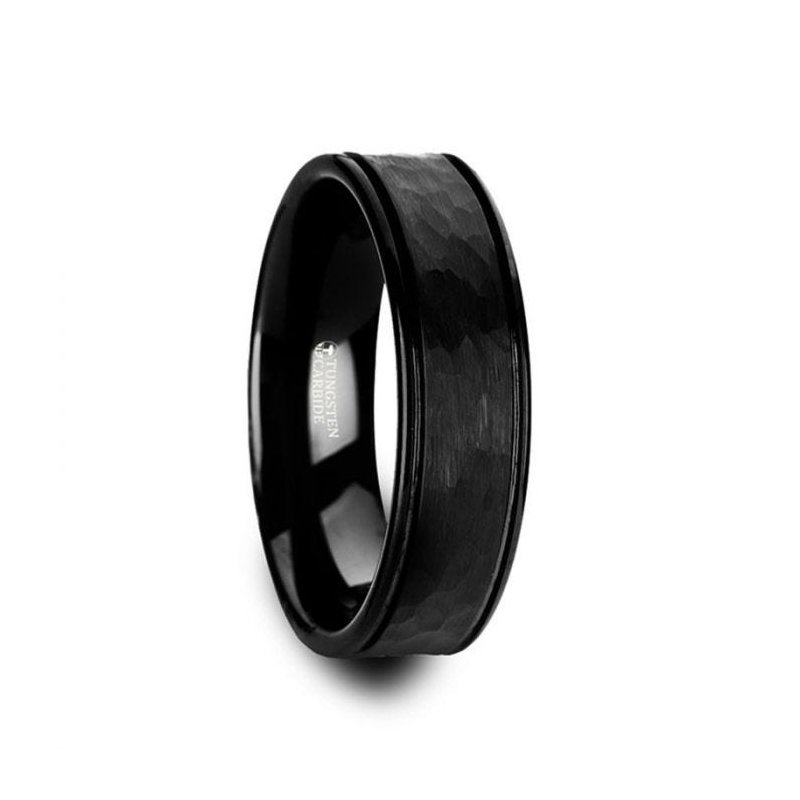 Thorsten JOINER Hammered Finish Center Black Tungsten Carbide Wedding Band with Dual Offset Grooves and Polished Edges - 6mm or 8mm Thorsten JOINER Hammered Finish Center Black Tungsten Carbide Wedding Band with Dual Offset Grooves and Polished Edges - 6mm or 8mm