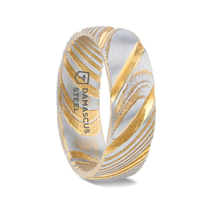 Thorsten CERSEI Gold Domed Brushed Damascus Steel Men’s Wedding Band with Vivid Etched Design - 6mm & 8mm Thorsten CERSEI Gold Domed Brushed Damascus Steel Men’s Wedding Band with Vivid Etched Design - 6mm & 8mm