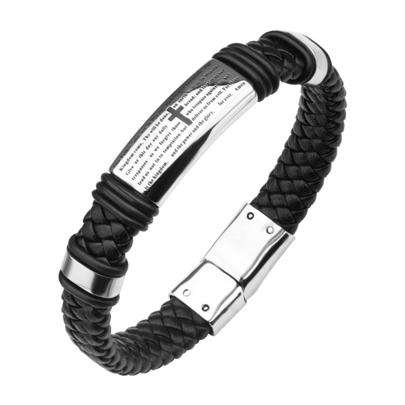 INOX Jewelry Black Braided Leather with Lord's Prayer ID Steel