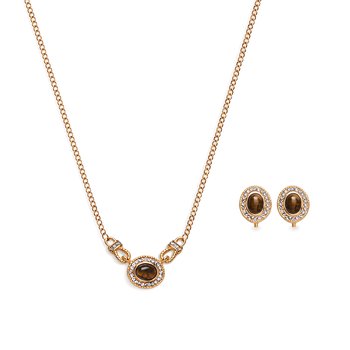 Tiger Eye Pendant and Clip Earrings Set ZJ452-JJS91574