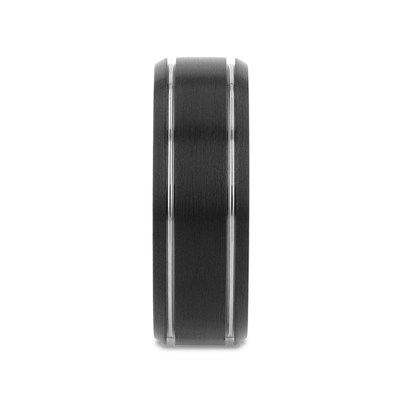 Thorsten NOCTURNE Black Beveled Tungsten Carbide Band with Polished Grooves and Brushed Finish - 6mm or 8mm Thorsten NOCTURNE Black Beveled Tungsten Carbide Band with Polished Grooves and Brushed Finish - 6mm or 8mm