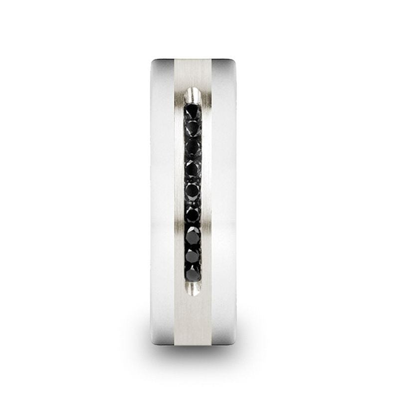 Thorsten BLACKSTONE Flat Tungsten Wedding Band with Brushed Silver Inlay Center and 9 Channel Set Black Diamonds - 8mm Thorsten BLACKSTONE Flat Tungsten Wedding Band with Brushed Silver Inlay Center and 9 Channel Set Black Diamonds - 8mm