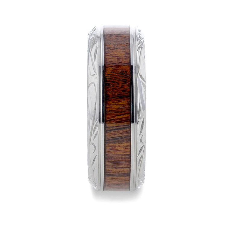 Thorsten KRAFT Black Walnut Wood Inlay Detailed Beveled Edges Titanium Polished Wedding Ring - 8mm Thorsten KRAFT Black Walnut Wood Inlay Detailed Beveled Edges Titanium Polished Wedding Ring - 8mm