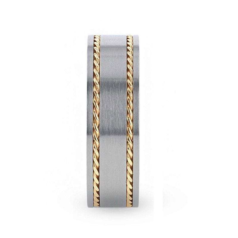 Thorsten FERDINAND Titanium Brushed Finish Flat Men's Wedding Ring With 14K Yellow Gold Dual Braided Inlay - 8mm Thorsten FERDINAND Titanium Brushed Finish Flat Men's Wedding Ring With 14K Yellow Gold Dual Braided Inlay - 8mm