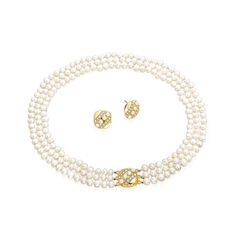 Triple Strand Handknotted Freshwater Pearl Necklace & Earrings with Elegant Clasp S-LN3380