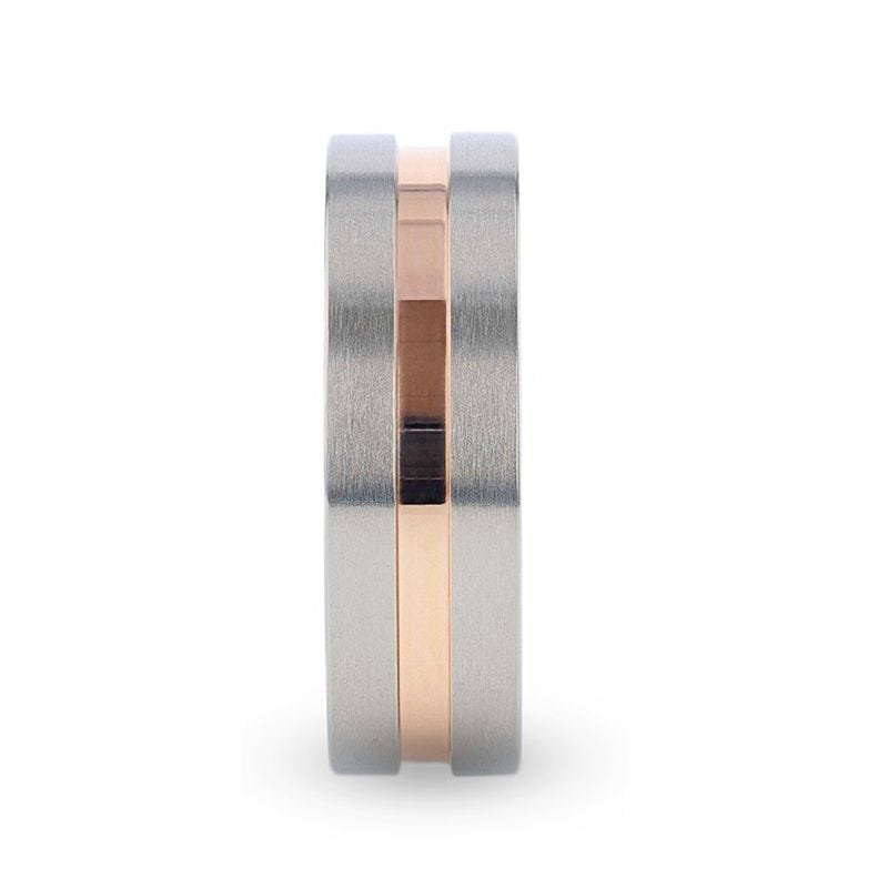 Thorsten MARS Titanium Flat Brushed Finished Men's Wedding Ring With Rose Gold Plated Groove Center - 8mm Thorsten MARS Titanium Flat Brushed Finished Men's Wedding Ring With Rose Gold Plated Groove Center - 8mm