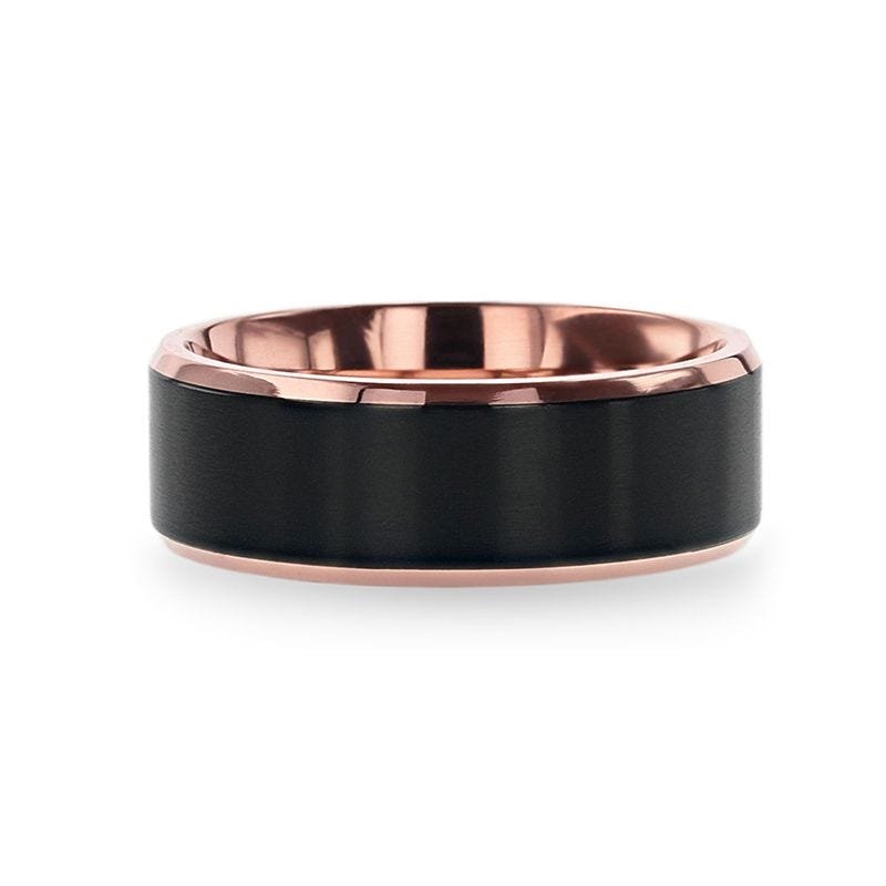 Thorsten STEPHEN Rose Gold Plated Black Titanium Flat Brushed Center Wedding Ring With Beveled Polished Edges - 6mm & 8mm Thorsten STEPHEN Rose Gold Plated Black Titanium Flat Brushed Center Wedding Ring With Beveled Polished Edges - 6mm & 8mm