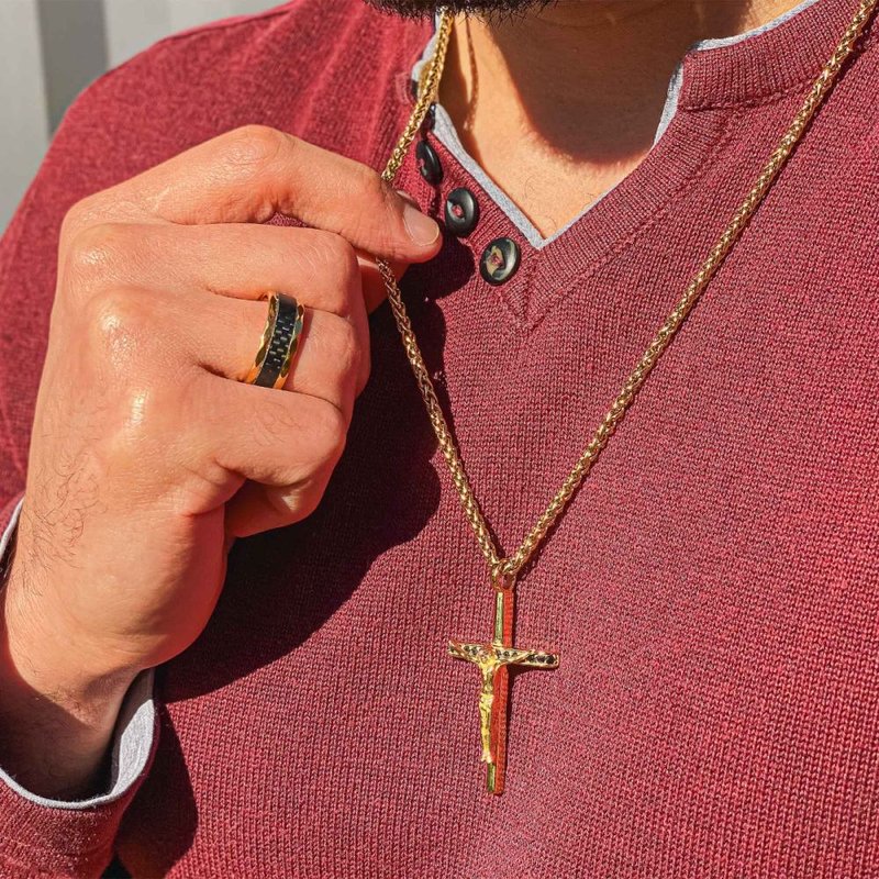INOX Jewelry Stainless Steel Gold IP with Black CZ Jesus Christ