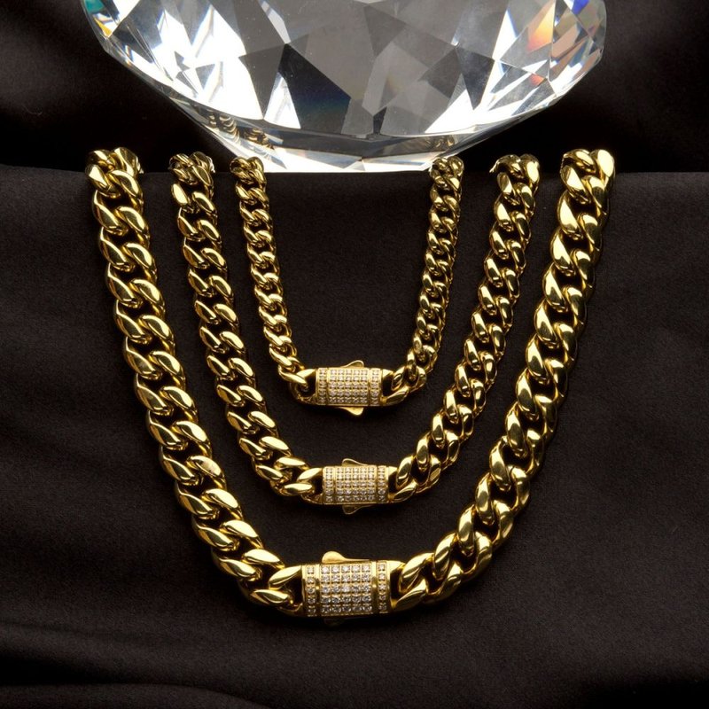 INOX Jewelry 6mm 18Kt Gold IP Miami Cuban Chain Necklace with CNC