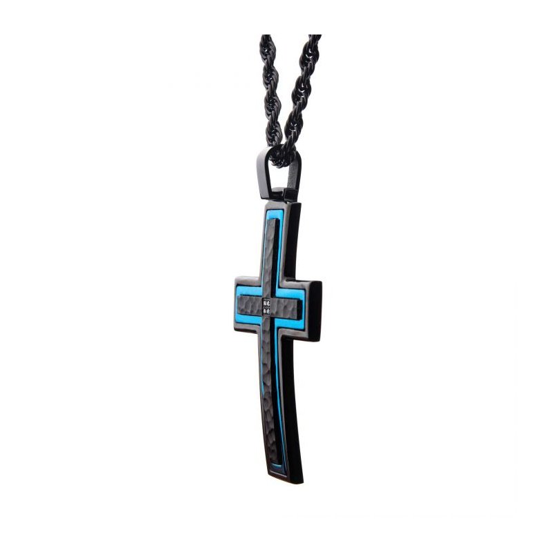 INOX Jewelry Hammered Blue Line Cross with CZ Stainless
