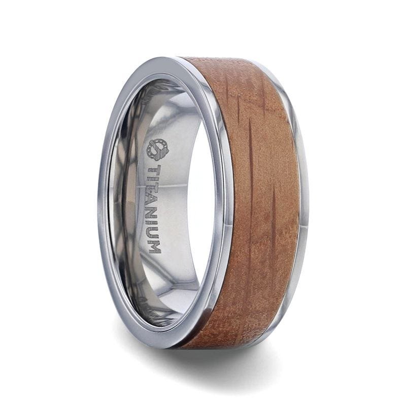 Thorsten STILL Whiskey Barrel Wood Inlaid Titanium Men's Wedding Band With Flat Polished Edges Made From Genuine Whiskey Barrels - 8mm Thorsten STILL Whiskey Barrel Wood Inlaid Titanium Men's Wedding Band With Flat Polished Edges Made From Genuine Whiskey Barrels - 8mm