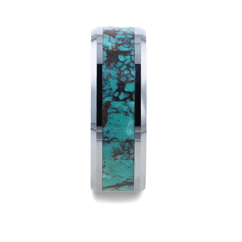 Thorsten TURKIS Turquoise Spider Web Inlay Tungsten Carbide ring with Beveled Polished Edges - 8mm Thorsten TURKIS Turquoise Spider Web Inlay Tungsten Carbide ring with Beveled Polished Edges - 8mm