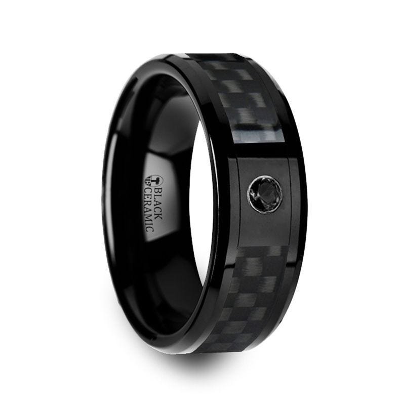 Thorsten ABERDEEN Black Ceramic Ring with Black Diamond Wedding Band and Black Carbon Fiber Inlay - 8mm