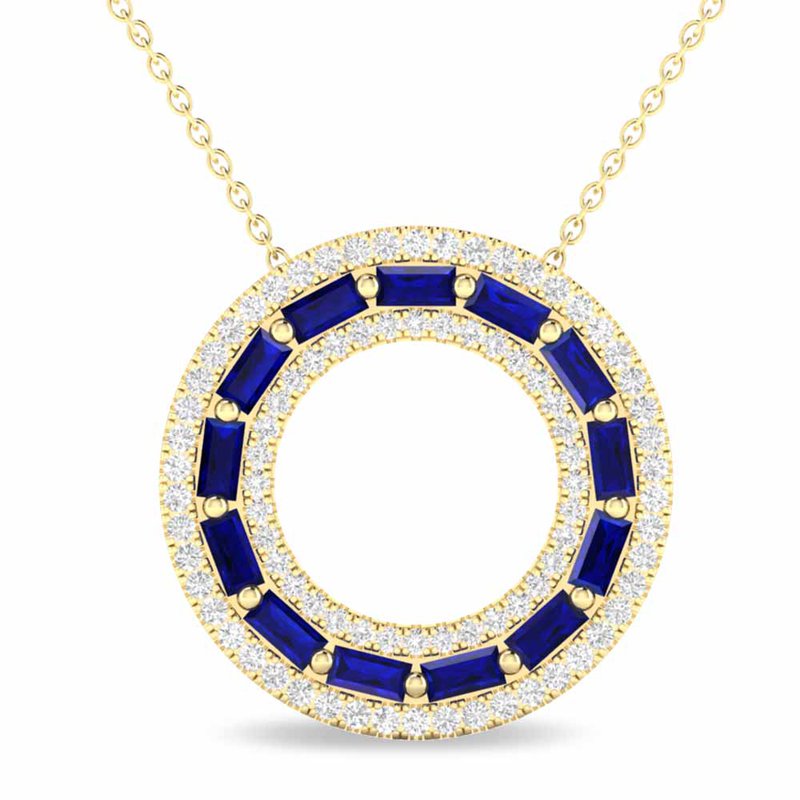 Baguette Blue Sapphire & Pave Round Diamond Circle Pendant