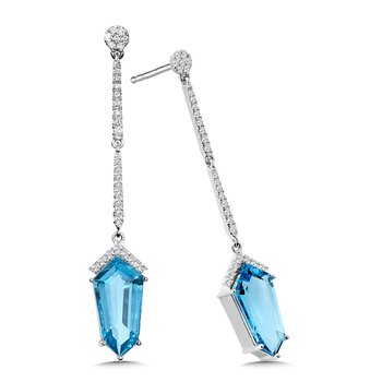 Tapered Hexagon-Cut Swiss Blue Topaz & Diamond Dangling Drop Earrings CGE178W-DBT