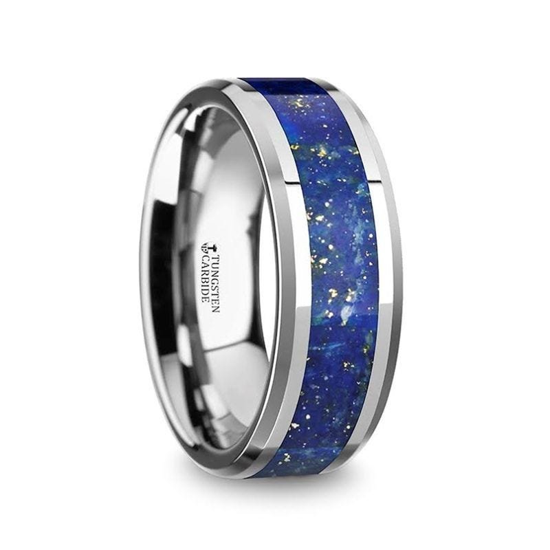 Thorsten OSIAS Tungsten Wedding Band with Blue Lapis Inlay & Beveled Edges - 8mm Thorsten OSIAS Tungsten Wedding Band with Blue Lapis Inlay & Beveled Edges - 8mm