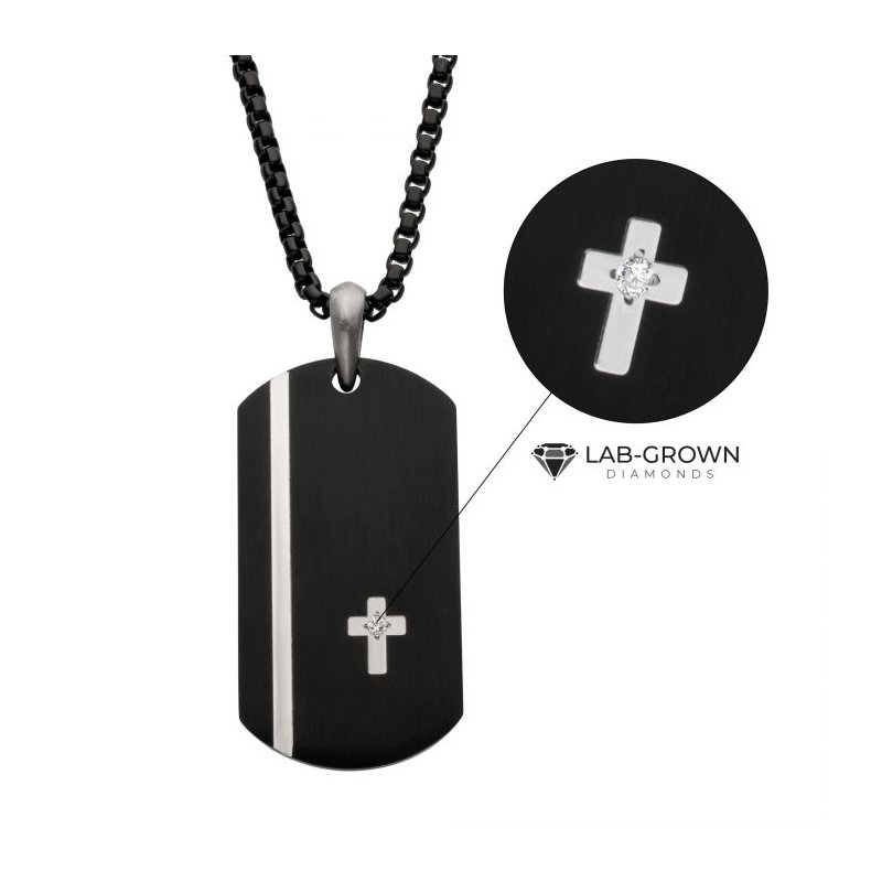 INOX Jewelry Black IP Steel Dog Tag Pendant with Solitaire