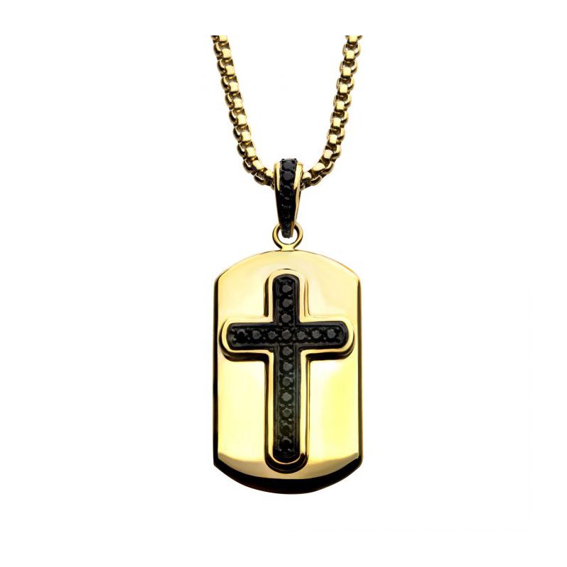 【SSIL】Black Logo Pendant INOX Jewelry Black IP Cross with Black CZ Inlay & 18Kt Gold