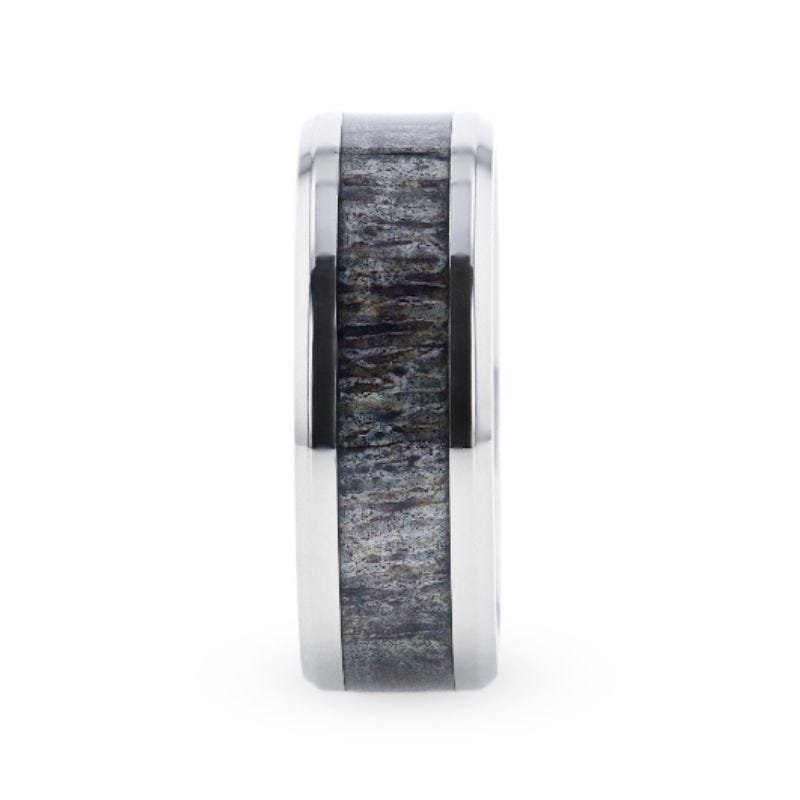 Thorsten MELANISTIC Dark Deer Antler Inlaid Titanium Flat Polished Finish Men's Wedding Band With Beveled Edges - 8mm