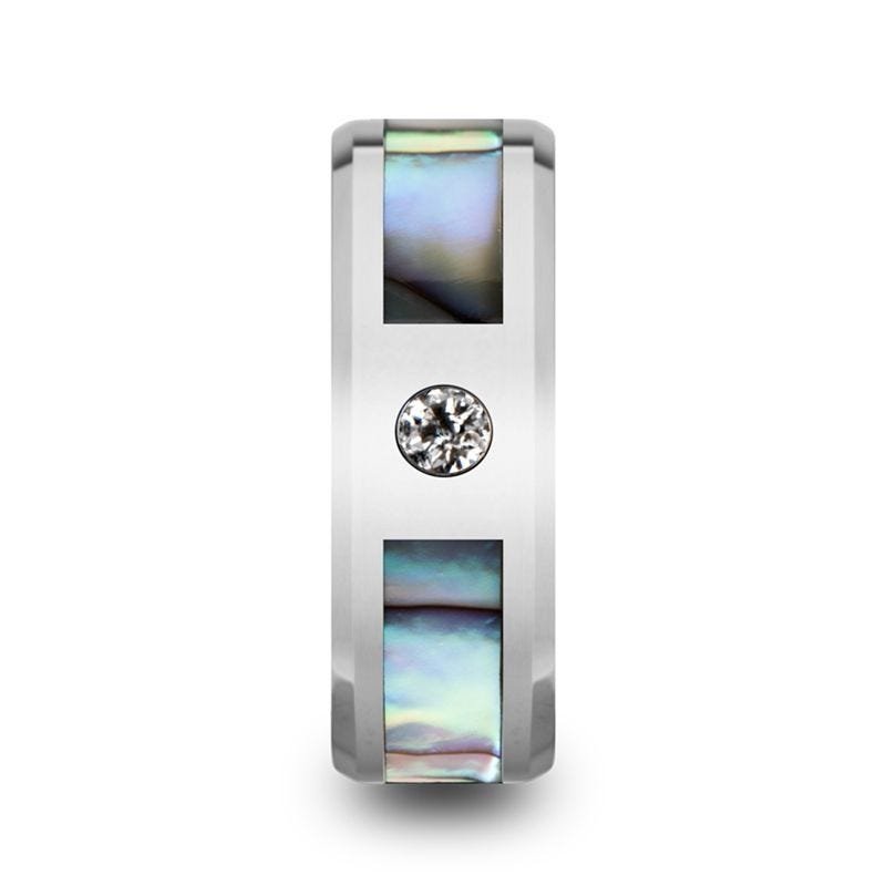 Thorsten HONOLULU Mother of Pearl Inlay Tungsten Carbide Ring with Beveled Edges and White Diamond - 8mm Thorsten HONOLULU Mother of Pearl Inlay Tungsten Carbide Ring with Beveled Edges and White Diamond - 8mm