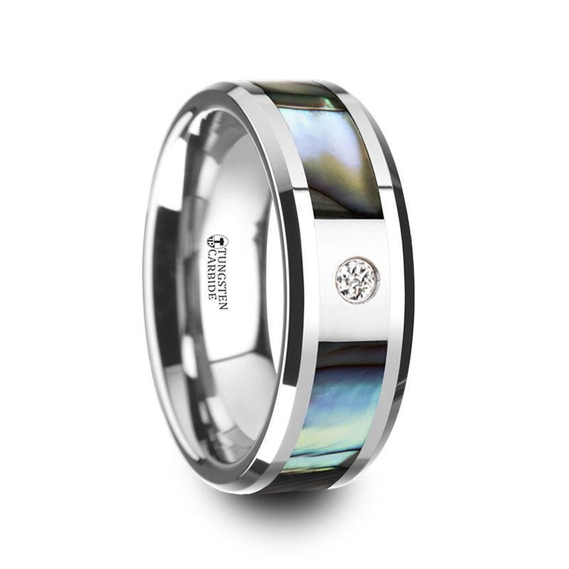 Thorsten HONOLULU Mother of Pearl Inlay Tungsten Carbide Ring with Beveled Edges and White Diamond - 8mm Thorsten HONOLULU Mother of Pearl Inlay Tungsten Carbide Ring with Beveled Edges and White Diamond - 8mm