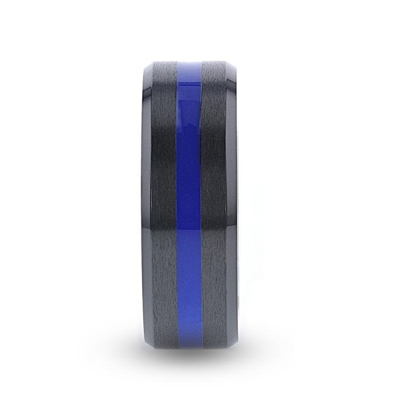 Thorsten JACKSEN Black Titanium Men's Wedding Band Beveled Black Titanium With Blue Stripe Inlaid Brushed Finish Center And Polished Beveled Edges - 8mm Thorsten JACKSEN Black Titanium Men's Wedding Band Beveled Black Titanium With Blue Stripe Inlaid Brushed Finish Center And Polished Beveled Edges - 8mm