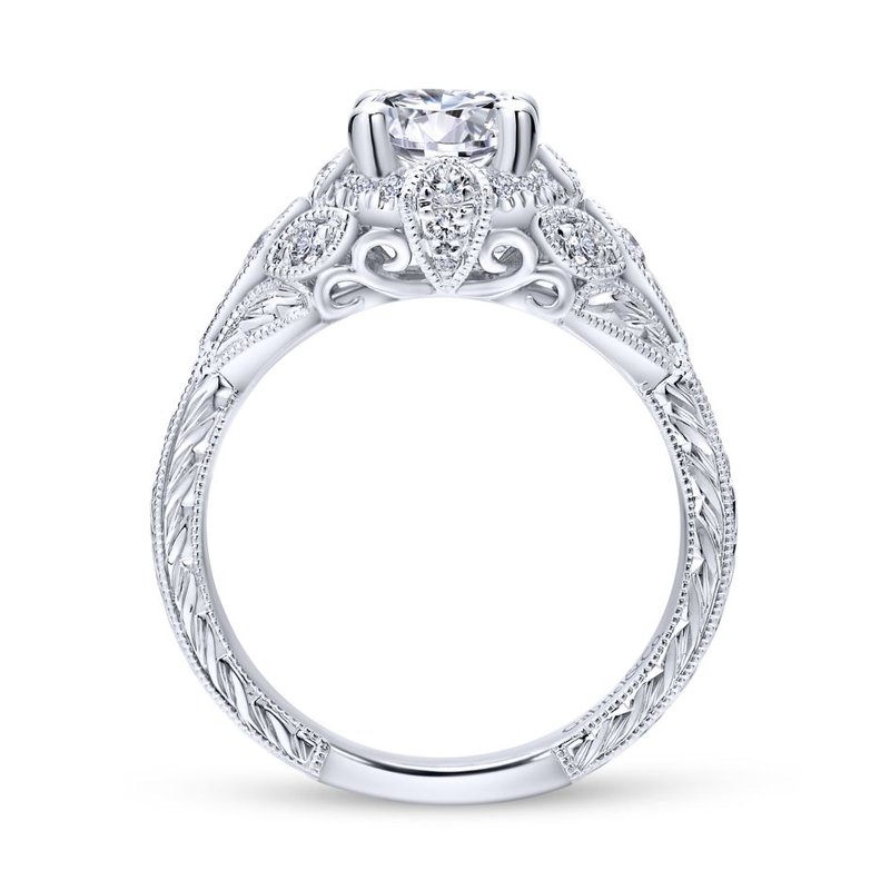 Unique 14K White Gold Vintage Inspired Diamond Halo Engagement Ring