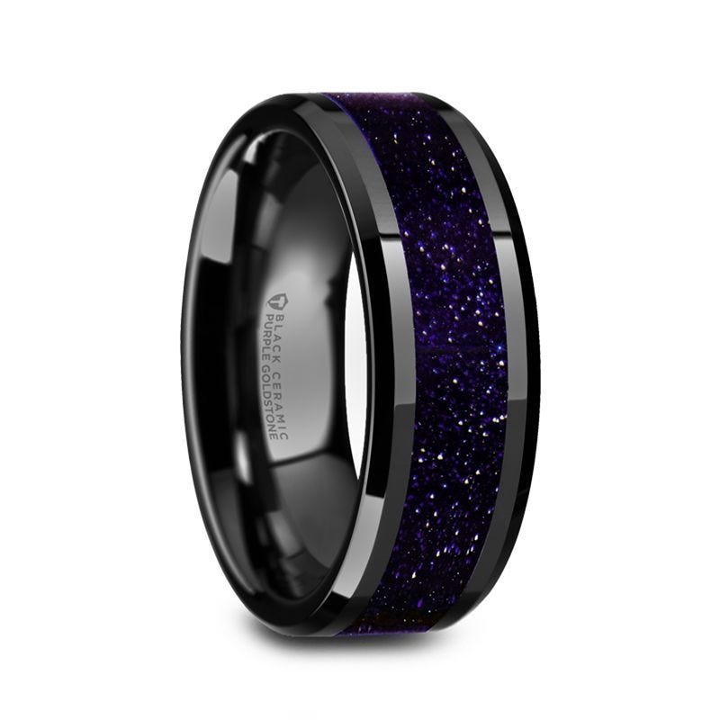 Thorsten MELO Black Ceramic Beveled Polished Men’s Wedding Band with Purple Goldstone Inlay Thorsten MELO Black Ceramic Beveled Polished Men’s Wedding Band with Purple Goldstone Inlay