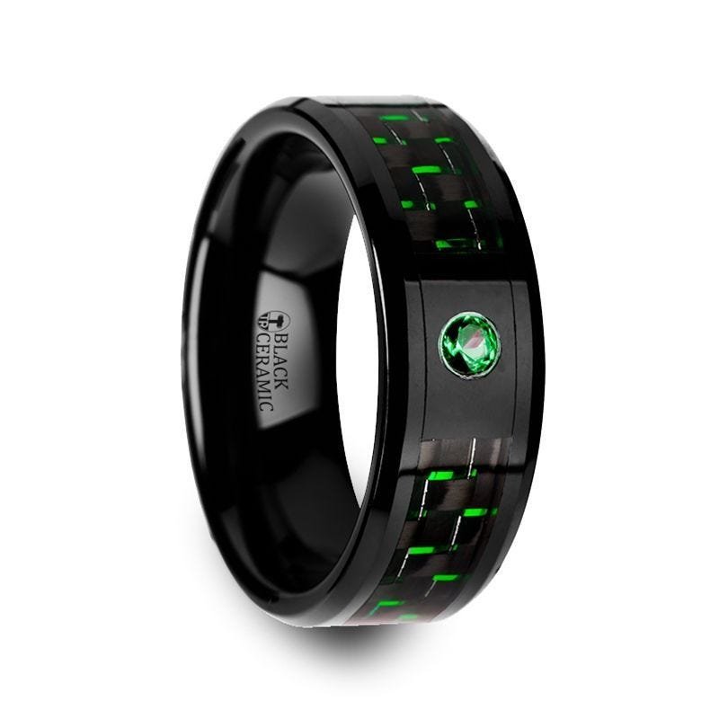Thorsten HADAR Black Ceramic Ring Black and Green Carbon Fiber Emerald Setting - 8mm Thorsten HADAR Black Ceramic Ring Black and Green Carbon Fiber Emerald Setting - 8mm