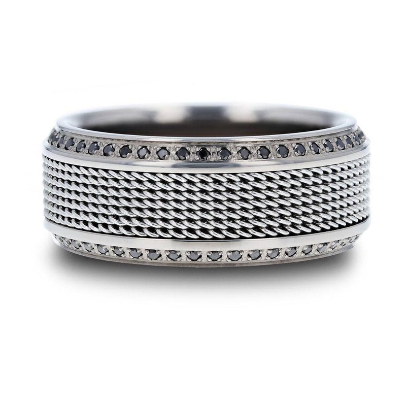 Thorsten GAUNTLET Steel Chain Titanium Wedding Ring Polished Beveled Edges Set with Round Black Diamonds - 10mm