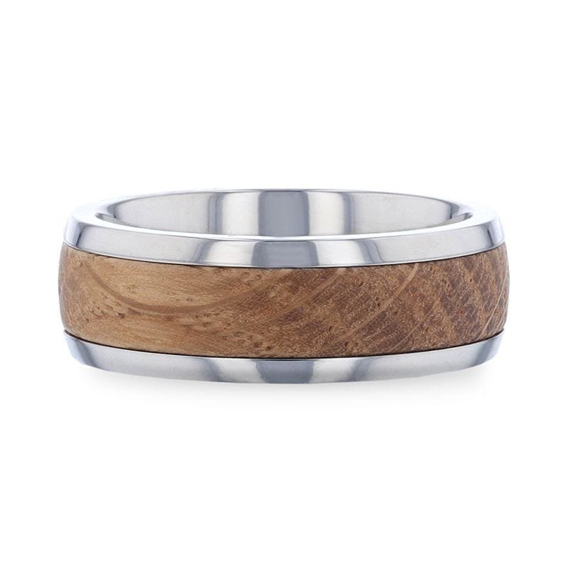 Thorsten STAVE Whiskey Barrel Wood Inlaid Titanium Men's Wedding Band With Domed Polished Edges Made From Genuine Whiskey Barrels - 8mm Thorsten STAVE Whiskey Barrel Wood Inlaid Titanium Men's Wedding Band With Domed Polished Edges Made From Genuine Whiskey Barrels - 8mm