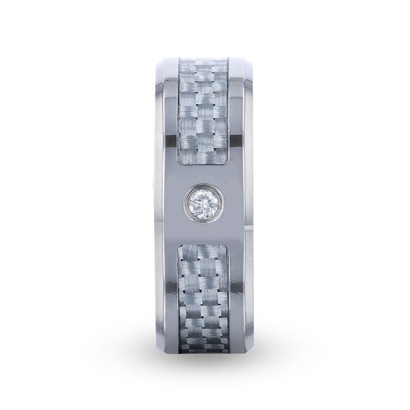 Thorsten MAYBACH Light Gray Carbon Fiber Titanium Men's Wedding Band with White Diamond In The Squared Center Setting And Polished Beveled Edges - 8mm Thorsten MAYBACH Light Gray Carbon Fiber Titanium Men's Wedding Band with White Diamond In The Squared Center Setting And Polished Beveled Edges - 8mm