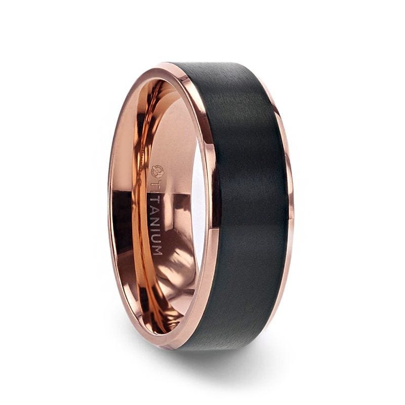 Thorsten STEPHEN Rose Gold Plated Black Titanium Flat Brushed Center Wedding Ring With Beveled Polished Edges - 6mm & 8mm Thorsten STEPHEN Rose Gold Plated Black Titanium Flat Brushed Center Wedding Ring With Beveled Polished Edges - 6mm & 8mm
