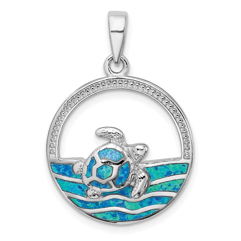 Sterling Silver Blue Inlay Created Opal Turtle Pendant