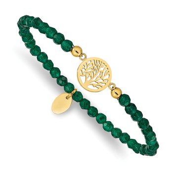 Stainless Steel Gold Plated Tree of Life 4mm Green Jade Beaded Stretch Bracelet Stainless Steel Gold Plated Tree of Life 4mm Green Jade Beaded Stretch Bracelet