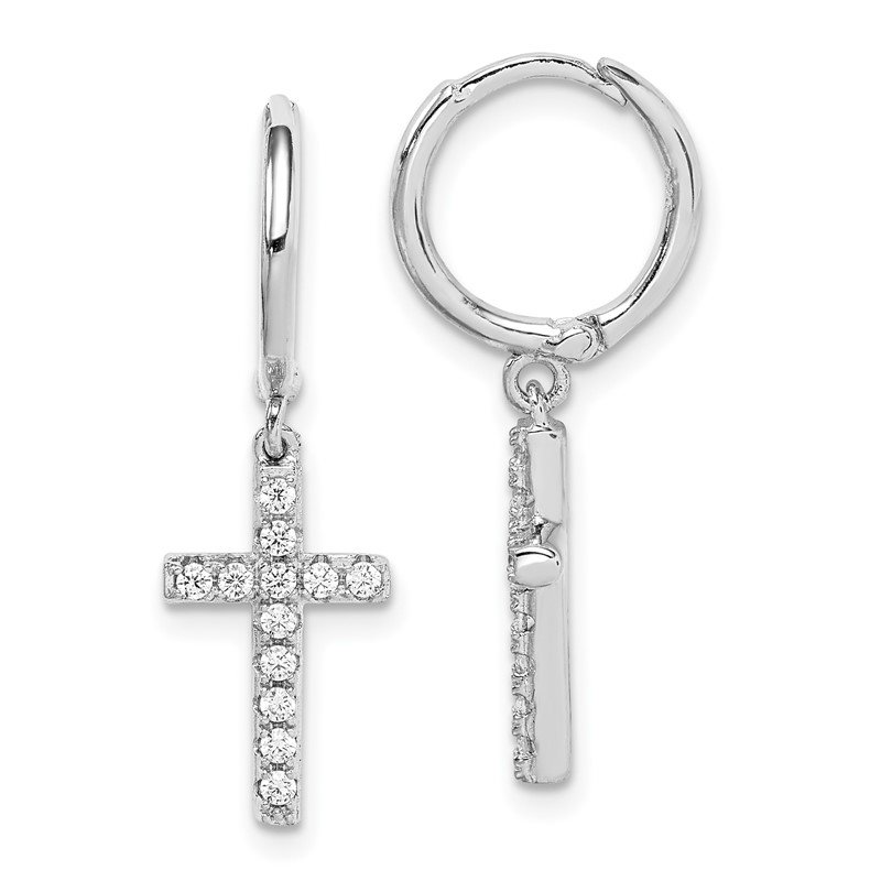 Rhodium-plated Sterling Silver Huggie Hoop Earrings with Dangle Cross Rhodium-plated Sterling Silver Huggie Hoop Earrings with Dangle Cross