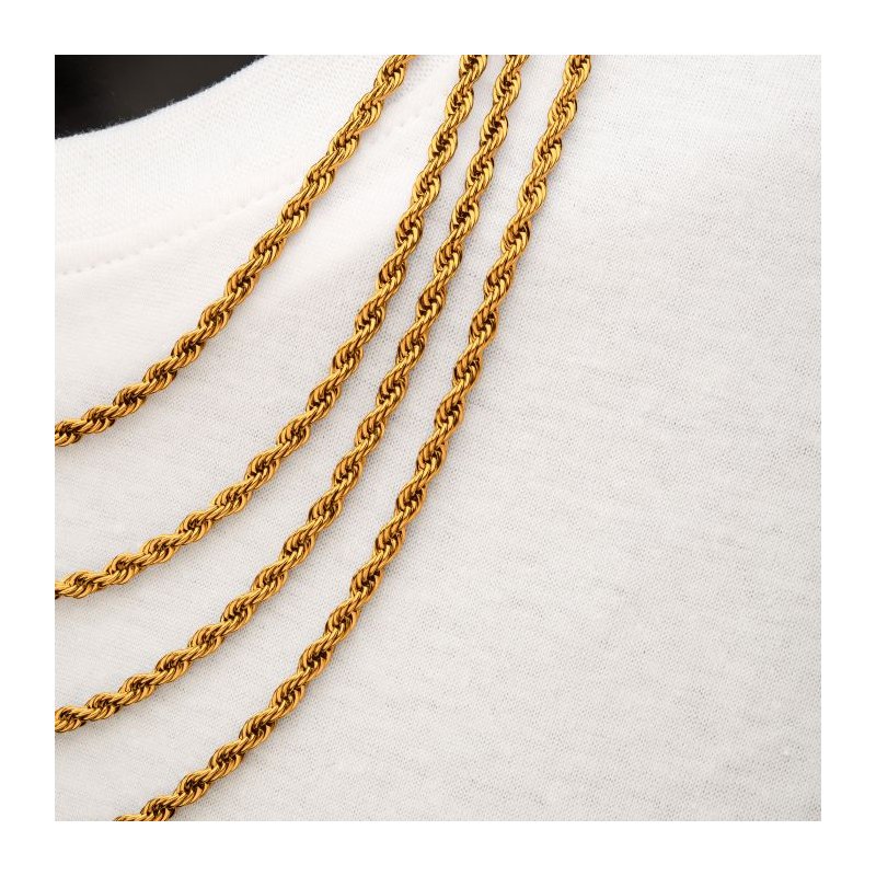 INOX Jewelry 4mm 18Kt Gold IP Rope Chain Necklace NSTC0304G