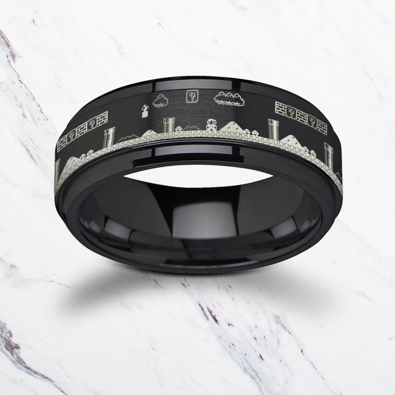 Thorsten Spinning Engraved Super Mario Bros Pixel Level Game Black Tungsten Carbide Spinner Band - 8mm Thorsten Spinning Engraved Super Mario Bros Pixel Level Game Black Tungsten Carbide Spinner Band - 8mm